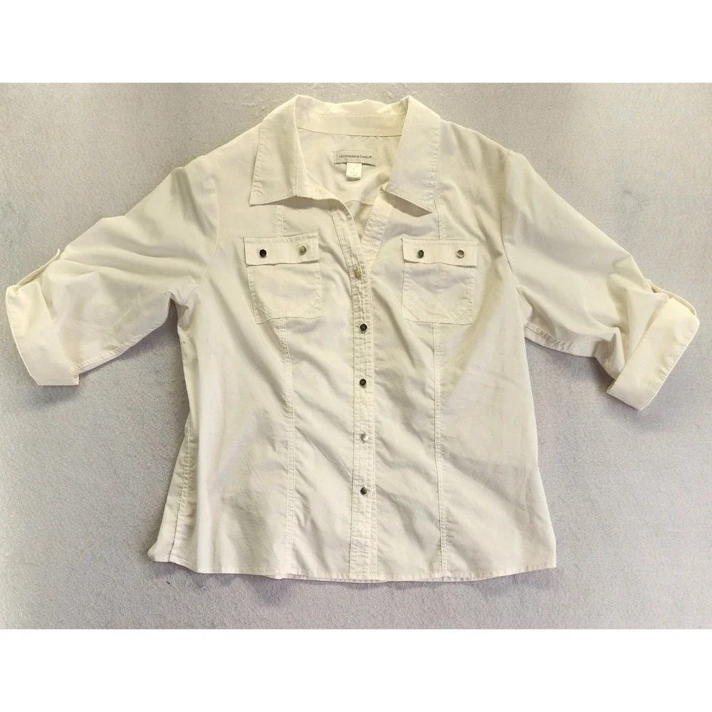Christopher & Banks White Roll Tab Sleeve Button Up Utility Shirt Top Large